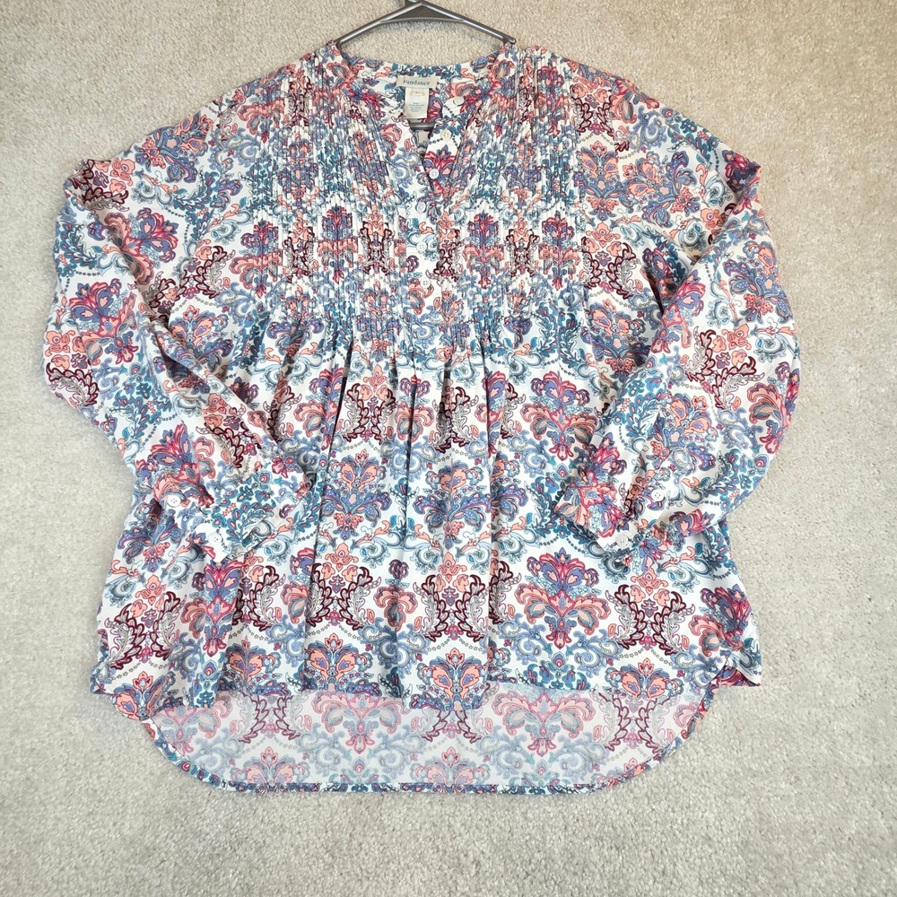 Sundance Womens Large Pintuck Pleated Paisley Blouse Rayon